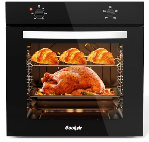 65L Built in Oven, 2000W Electric Single Oven with 4 Cooking Functions | Cooksir Installed Oven with Plug, Single Upper Tube, 50℃-250℃ Knob Control, Detachable Door & Racks, Light, 6-Layer Racks