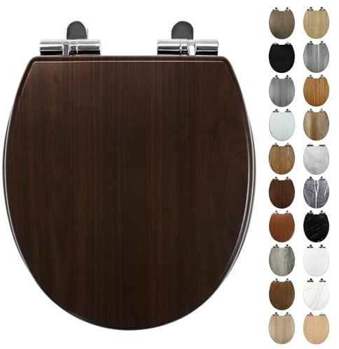 Fanmitrk Dark Walnut Wooden Toilet Seat Soft Close, 18mm Thickened MDF Wood Toilet Seat with Adjustable Strong Zinc Alloy Hinges, Comfortable, Durable, Easy Cleaning (MFG24803)