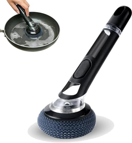 HUANYO Soap Dispensing Scrub Brush - Kitchen Cleaning Brush with Detergent Holder, Durable Stainless Steel Scouring Pads & Ergonomic Handle for Pots, Pans, Dishes (02)