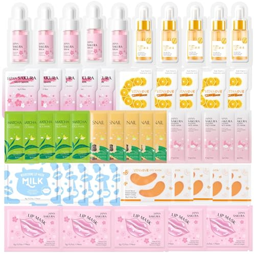 50PCS Pamper Gifts for Women, Face Masks Skincare Set, Sakura Self Care | Teenage Girl Party Bag Fillers, Serum, Mud Mask, Sleeping Mask, Lip Mask, Eye Patches, Birthdays, Travel, Spa Nights