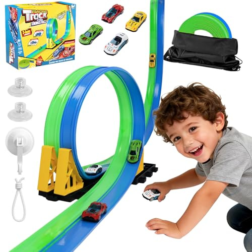 Tospino Flexible Autorennbahnen Kinder, 4.5M Rennbahn Inklusive 4 Autos, Tragbare Dual-Rennstrecke mit Rampen für 1:64 Autos, Spielzeug Geschenk für Kinder ab 3+ Jahren, Blau-Grün