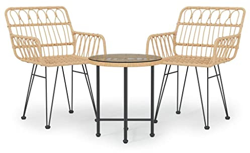 XHNIFBN 3-TLG. Garten-Essgruppe, Bistro-Set mit 2 Gartenstühlen und Gartentisch, Poly Rattan Sitzgruppe mit Stahlrahmen und Hartglasplatte für Terrasse und Balkon