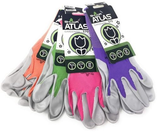 Showa Atlas 370 Garden Club Gloves. Assorted Colors - 4 Pack. Size Medium