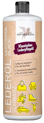 Bense & Eicke Lederöl schwarz - flüssige Pflege für Glattleder, dringt schnell ein, macht weich und geschmeidig, Imprägniert, ideal für Sattel, Schuhe, Motorradkleidung, Möbel, Auto, 1000 ml