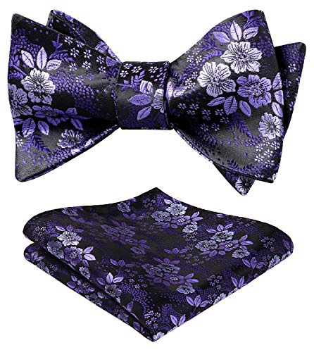 HISDERN Herren Floral Self Fliege und Einstecktuch Set Hochzeitsfeier Zubehör Lila