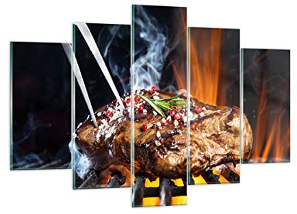 Mehrteilige Bilder auf Glas 150x100cm Glasbild Steak Grill Flammen Essen Groß XXL Wanddeko Schlafzimmer Küche Set 5 teilige Wandbilder Dekoration Wohnzimmer Modern Wand Kunstdruck Art GEA150x100-2865