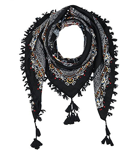 Nuofengkudu Femmes Rétro Floral Imprimé Foulards Echarpe Bohémien Style Grand Carré de Cou Chaud Châles Cape Couverture Scarf 110 * 110CM Noir