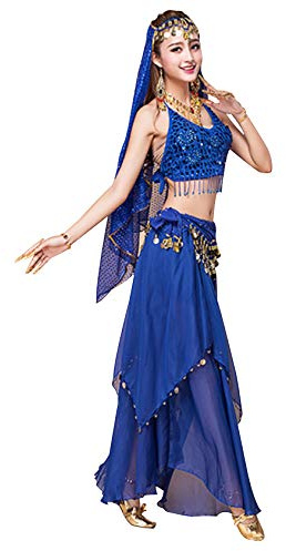 Legou Ensemble de Costume-Danse du Ventre Soie-Femme Taille Unique 2-Piece(Top+Skirt) Bleu Royal