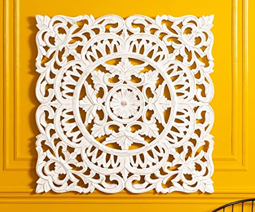 MH London Madeleine Home Ancona Sculpture murale sculptée à la main Décoration d'intérieur contemporaine avec un beau motif floral baroque Blanc 76 cm x 76 cm