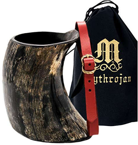 Mythrojan Viking Horn Mug Tankard with Red Leather Strap Safely Holds Hot and Cold Liquids Coffee Hot Chocolate - Wine Beer Mead