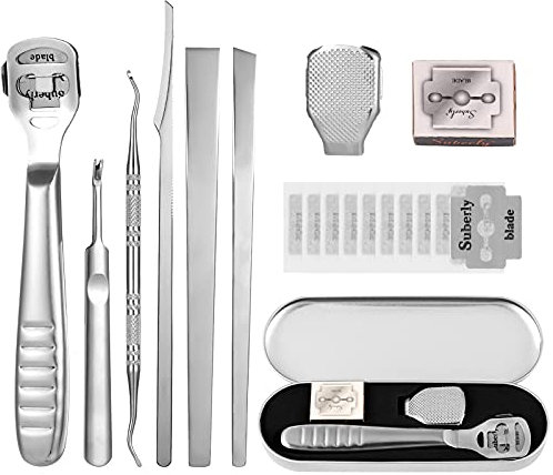 Bestomrogh 5 Piede Raschietto Rasoio per Calli Pedicure Professionali Lima Piedi Forcella per Cuticole Set con Custodia la Cura dei Pedicure limapiedi 10 Lame di Ricambio