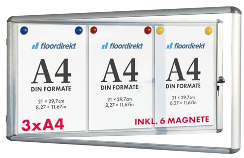 Floordirekt Schaukasten 3xA4 inkl. 6 Magnete Infokasten Aushang Aushangkasten Magnetische & beschreibbare Rückwand Plakatschaukasten mit Alurahmen & Acrylglas