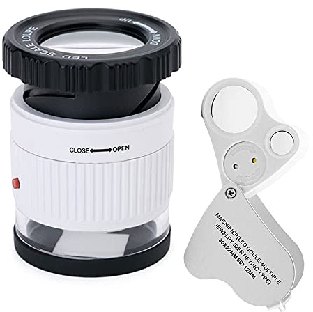 Lupa de 2 piezas, lupa de joyería de 30x y 60x con luz LED, lupa de 30x con 3 luces UV y 3 luces LED para joyas, gemas, rocas, sellos, monedas, relojes y antigüedades