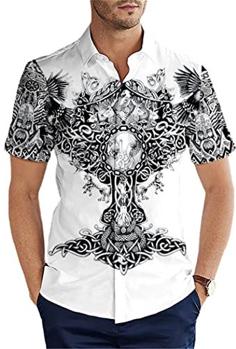 Chemise d'été à manches courtes viking tatouage corbeau 3D imprimé hawaïen Harajuku chemise décontractée pour homme, Chemise hawaïenne 16, S