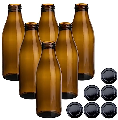 gouveo 6er Set Glasflaschen 1000 ml (1,00 l) Saftflasche 1000 ml Antik rund mit TO 48 Schraubdeckel schwarz, braune Weithalsflasche zum Abfüllen, Aufbewahren & Transport (SFA1000SZ)