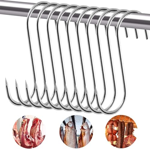 Pack of 10 Meat Hooks, Fish Hooks, 3 x 15 cm Butcher Hooks, Kitchen Hooks, Meat Hooks, Stainless Steel, High-Quality Smoking Hooks, Robust and Durable S-Hooks for Purposes Meat Smoking Meat Processing
