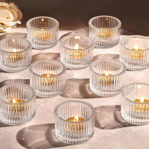 Lanttu Clear Tealight Candle Holder Set of 12, Small Votive Candle Holders for Wedding, Glass Tea Light Candles Holder for Party&Home Decor, Table Centerpiece (2''Dia*1.4''H)