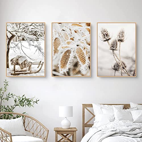 TROYSINC 3er Premium Poster Set, Winter Bilder, Elch, Holzhaus, Wald Wandkunst Wandbilder, Leinwand Drucke Wohnzimmer Bilder Modern Wanddeko Bilder, Kein Rahmen (C,30x40cm)