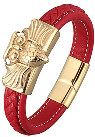 Ayoiow Männer Armband Indianer, Metall Armband Männer Armbänder Leder Rot Armband mit Gold Eule