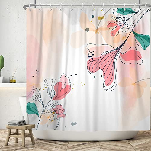 Ttincceer 183x188cm Fiore Tenda da Doccia Set Astratto Acquerello Rosa Giglio Tenda da Bagno Rosa Verde Inchiostro Pianta Floreale Tende da Doccia Impermeabile Tenda da Vasca da Bagno