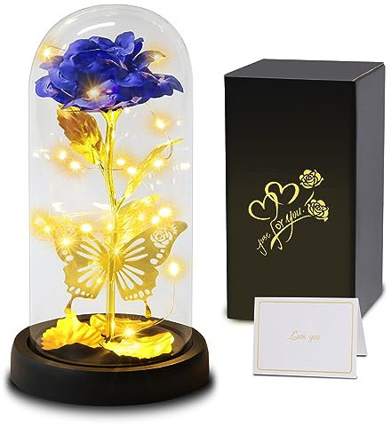 Geschenke für Frauen, Infinity Rosen im Glas mit Licht, Die Schöne und das Biest Rose Sparkly Galaxy Rose mit 3D Schmetterling, Schöne Geschenke Blume für Mama, Oma, Frauen, Freundin, Geburtstag