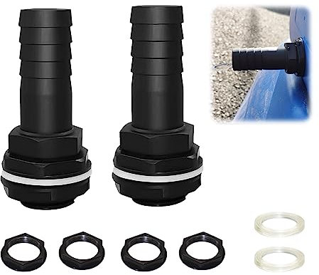 2 Stück Tankdurchführung 1 Zoll, Regentonnendurchführung Kunststoff mit Schlauchtülle 25mm Schlauchanschluß, Tankdurchführung mit Tülle und Dichtung für Regentonne, Wassertanks, Zisternen (2 Stück)
