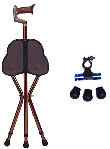 Gehstock mit Sitz für Senioren, dreibeiniger Gehstockhocker, Sitzstuhl, Teleskop-Gehstock, Rutschfester Krückenstuhl, Blau (Farbe: Braun), Familie (Braun) Present