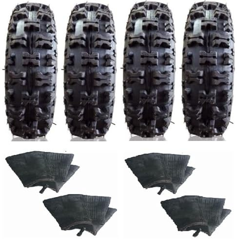 4er Set Reifen 4.10-6 und 13x5.00-6 – Stollenreifen inkl. Schlauch, Ersatzteil für Kinderquad, Bollerwagen und Rasentraktor, 6 Zoll, max. Belastung je Reifen 80 kg, Schwarz