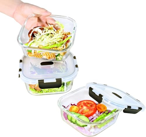 Hcrvvi 3 Pcs 800ml Glass Food Containers With Lids, BPA Free, Glass Meal Prep Containers, Airtight Storage Upgraded Snap With Lids, Meal Prep