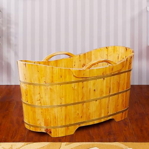 MegLob Freistehende Badewanne Aus Holz, Mobile Tiefe Badewanne Aus Massivem Holz, Beleuchtet, Klassische Badewanne Im Japanischen Stil Mit Ständer Für Paare/Allein,150cm/59.05