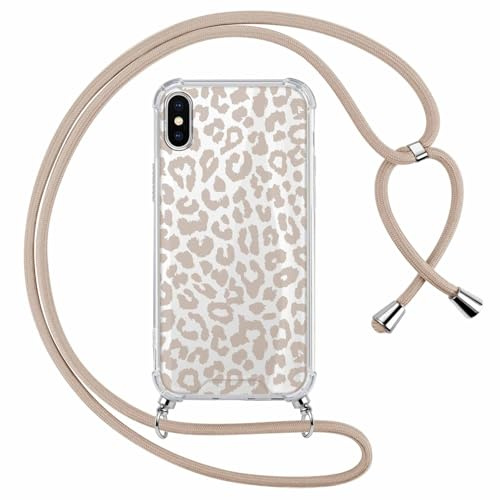 ZhuoFan Handykette Handyhülle für iPhone XS Max Hülle mit Band, Transparent Aesthetic Muster Schutzhülle, Silikon + Schwer PC mit Kordel zum Umhängen Necklace Lanyard Case, Leopard