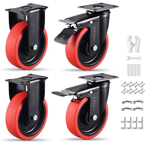 Heavy Duty 5 Inch Caster Wheels Set of 4 3000Lbs Capacity Silent Swivel with brake & Rigid TPR Rubber Wheels Locking Industrial Plate Casters for Cart Furniture Workbench 2 Fixed & 2 Swivel with Brake