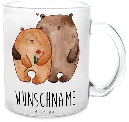 Mr. & Mrs. Panda Personalisierte Teetasse Bären Liebe - Geschenke, Personalisiert, aus Glas, Kuscheln, Teegläser, Porzellantasse Mit Gravur, Verknallt, Paar, Blume, Ehe, Freundin