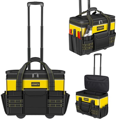 POWSTR 21 Groß Werkzeugtasche mit Rollen,18 Taschen, Vielseitig Einsetzbare Werkzeugtasche mit Teleskopgriff, für Bauarbeiter, Elektriker, Gelb/Schwarz | Mit Teleskopgriff und 18 Taschen, Mehrzweck-Werkzeugtaschen für Bau, Elektriker und HVAC, Gelb/Schwarz