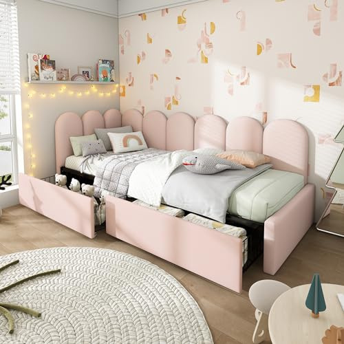 Kayan Polsterbett Einzelbett mit Schubladen Stauraumbett Samt Daybett Tagesbett Schlafsofa 90x190cm mit Lattenrost Jugendbett und Erwachsene Kinderbett, Rosa, Ohne Matratze (90x190 cm)