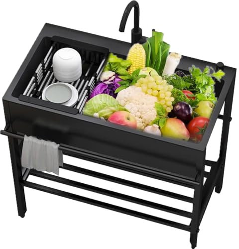 YANGYMM Edelstahl Waschbecken Ausgussbecken, Freistehende SpüLtisch KüChe SpüLbecken, Schwarze WaschküChenspüLe, Verstellbare BeinhöHe, mit Konsole Und StäNder, für Restaurant, Hinterhof,80x45x86cm