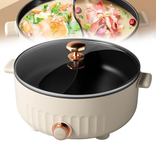 forplubossmmp Pentola Elettrica Shabu Shabu da 6 Litri | Pentole Elettriche Antiaderenti con Divisore | Multicooker Elettrici | Padelle Elettriche A velocità Regolabile per 2-8 Persone 1350W,White