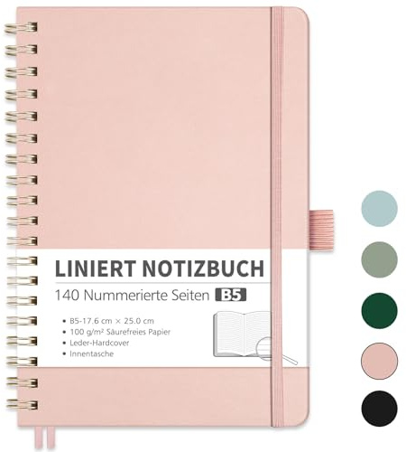 RETTACY Notizbuch B5 Liniert, Bullet Journal mit 100 g/m² Dickem Papier, 70 Blatt/140 Nummerierten Seiten, Collegeblock für Büro und Schule, Lederhülle, Roségold, 17.6 cm x 25 cm