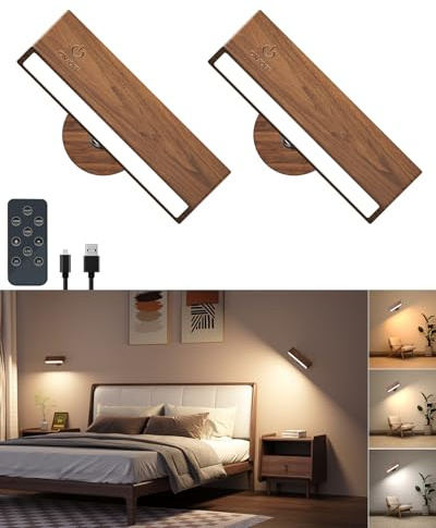 DetarZinLED Wooden Wall Sconce Battery Operated with Remote,Rechargeable Wall Lights for Bedroom with 3 Color Temperature, Magnetic, Stick-On, Dimmable Wall Reading Lights (Walnutwood, 2 Pack)