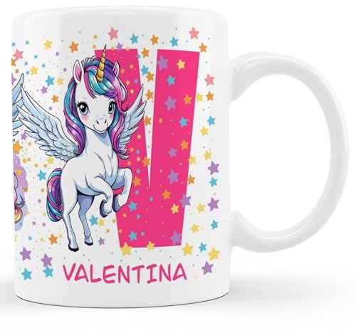Taza de Unicornio Personalizada para Niñas con Inicial y Nombre (A-Z) Taza de cafe A-Z de ceramica Tazas de desayuno con letra y nombre Taza desayuno para niñas, Taza para regalar (Letra-V)
