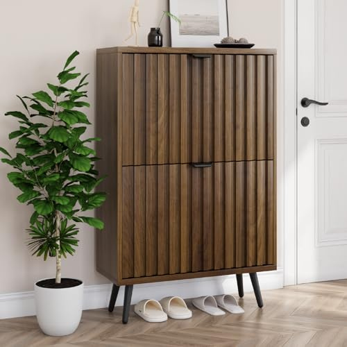 Smuxee Schuhschrank mit 2 Klappschubladen, 23,6 Zoll (60 cm) Nussbaum Holz Schuhschrank mit geriffeltem Design, freistehender Schuhorganizer für Flur, Diele, Wohnzimmer oder Kleiderschrank