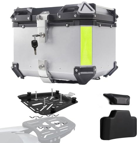 Baúl de Aluminio para Moto 45L 55L 65L 80L 100L, Maleta Top Case Impermeable, Maletero de Motocicleta, Caja para Scooter con Placa de Montaje y Respaldo (Plata, 55 L)