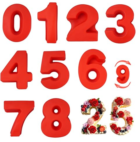 Velicber 9 Stück Kuchenform Zahlen Silikon Backform Zahlen Backformen Set | Zahlen Number Cake Backform, Zahlenbackform Groß, Antihaftbeschichtet, für Geburtstag, Party, Kuchen, Keksen, Pralinen (Rot)