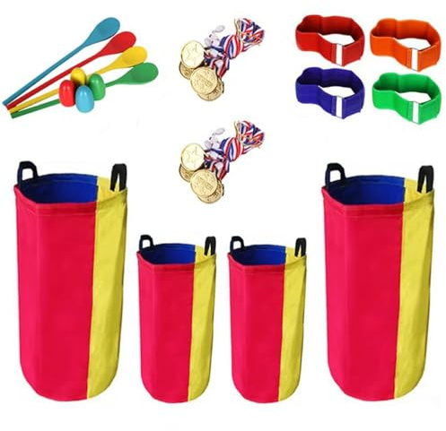 Huraoerrrr Sports Day Kit 4Pcs Sack Race Bag with 4Pcs Egg Spoons & Legged Race Bands Sports Day Kit Outdoor Family Interactive Parent-Child Bonding Lawn Party Carnival Games for Kids Adults