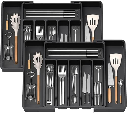 Plateau d'Ustensiles Extensible pour Tiroir,Range Couverts,Organisateur de Tiroir pour la Cuisine,Support de Rangement en Plastique pour Couverts, Cuillères, Fourchettes,etc,Noir,2PCS