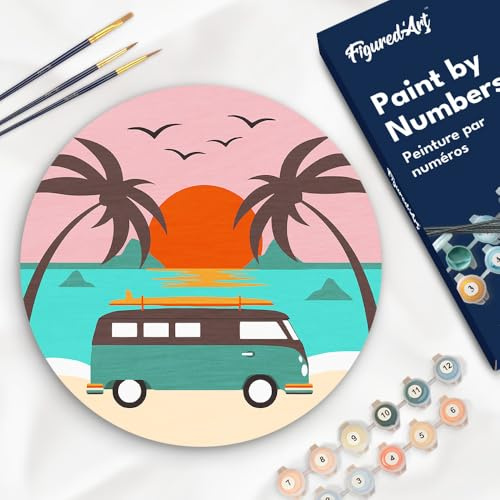 Figured'Art Pintar por Números para Adultos en Disco de Madera de 30 cm - Malibú - Manualidades con Pintura Acrílica - Kit Cuadro DIY Completo