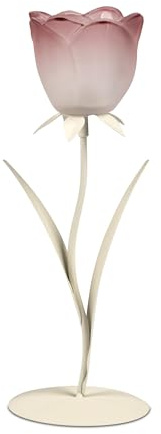 1 Stück Teelichtleuchter Leuchter Tischlicht 1flm. 30cm aus cremefarbenem Metall mit Matter, rosa Glasblüte kombiniert- Dekoration für EIN schönes Zuhause