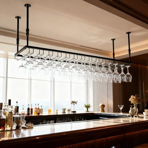 Dernoing 90cm Deckenregal Glashalterfür 30-60cm Höhenverstellbare Schwarz | kelchgläser, Decken Weingläser Aufhänger aus Metall, Deckenständer Hängender Weinglasregal für Bar/ Café/ Küche (BK, 90x35cm)