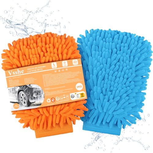 vsshe Guanti in microfibra per lavaggio auto, 2 Pezzi Guanto Lavaggio, Guanti in ciniglia per Auto, Pulizia Professionale, 100% Senza Graffi,Assorbente e Morbido, Guantos Double Face per Auto