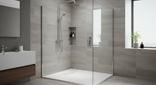Designduschkar stenutseende SMC halkfri, platt duschbricka, avloppsuppsättning höjd 26 mm platt, duschkar färg: vit, duschkar storlek: 90 x 120 cm
